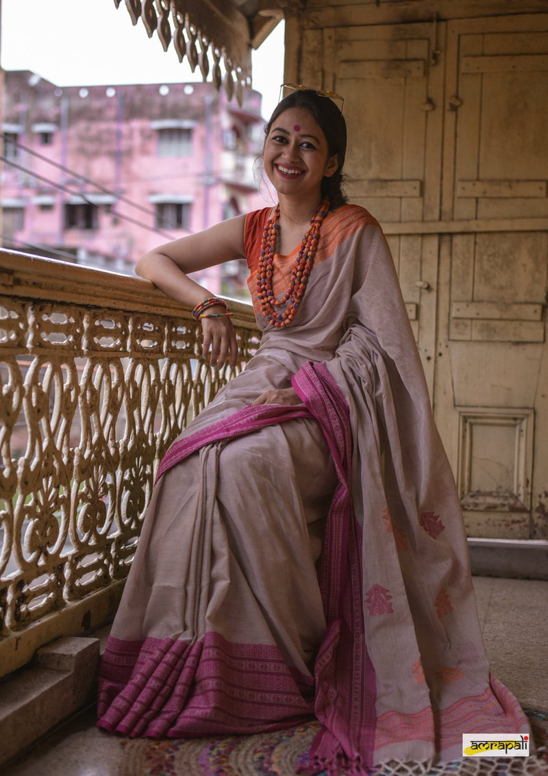 Handwoven Pure Mercerised Cotton with Manipuri Pattern Threadwork - Greige