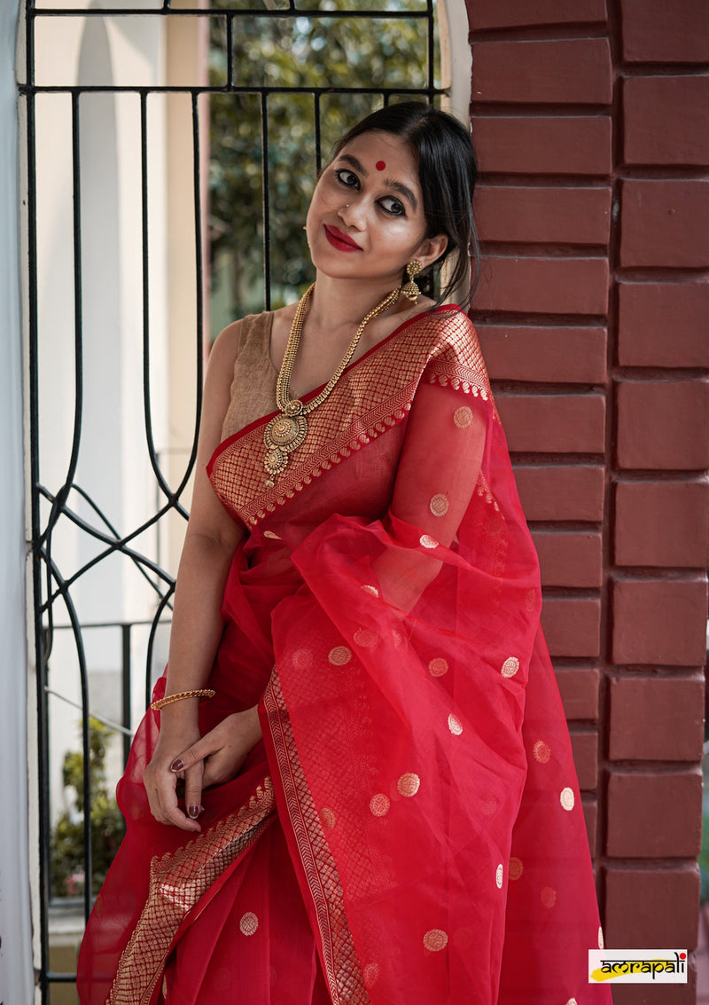 Red Handloom Pure Chanderi Katan Silk