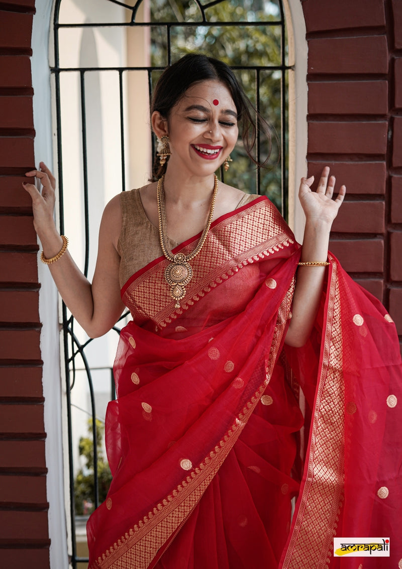 Red Handloom Pure Chanderi Katan Silk