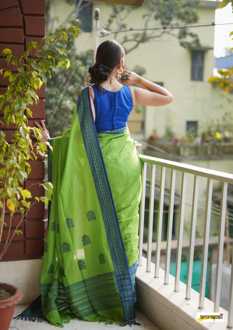 Handwoven Pure Mercerised Cotton with Manipuri Pattern Threadwork - Parakeet green