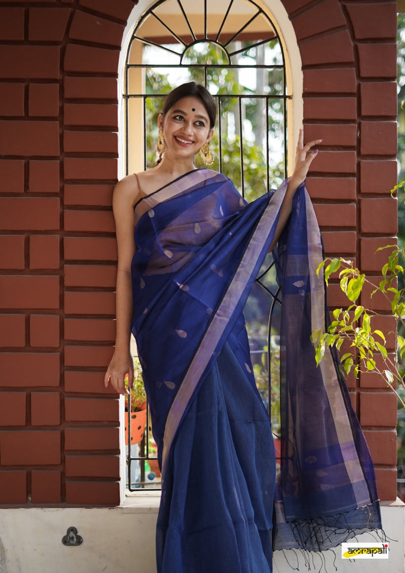 Pure Linen Cotton Resham with Zari Jamdani Accents - Royal blue