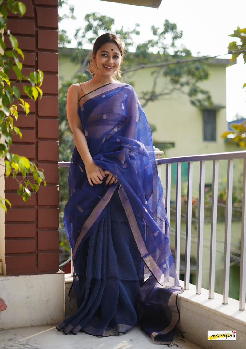 Pure Linen Cotton Resham with Zari Jamdani Accents - Royal blue