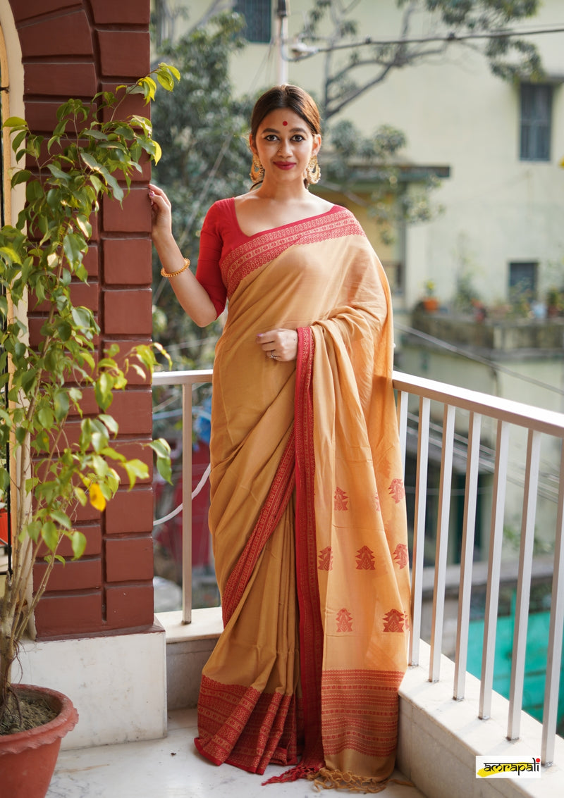 Handwoven Pure Mercerised Cotton with Manipuri Pattern Threadwork - Beige