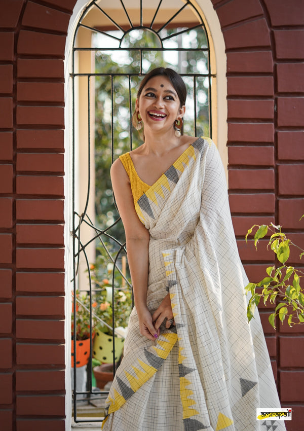 Checkered Cotton Jamdani with Temple Border