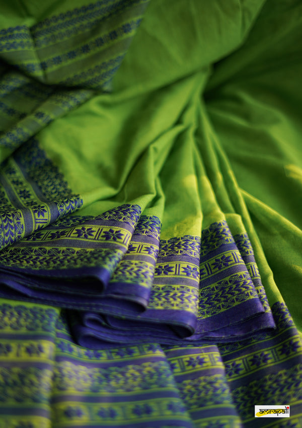 Handwoven Pure Mercerised Cotton with Manipuri Pattern Threadwork - Parakeet green