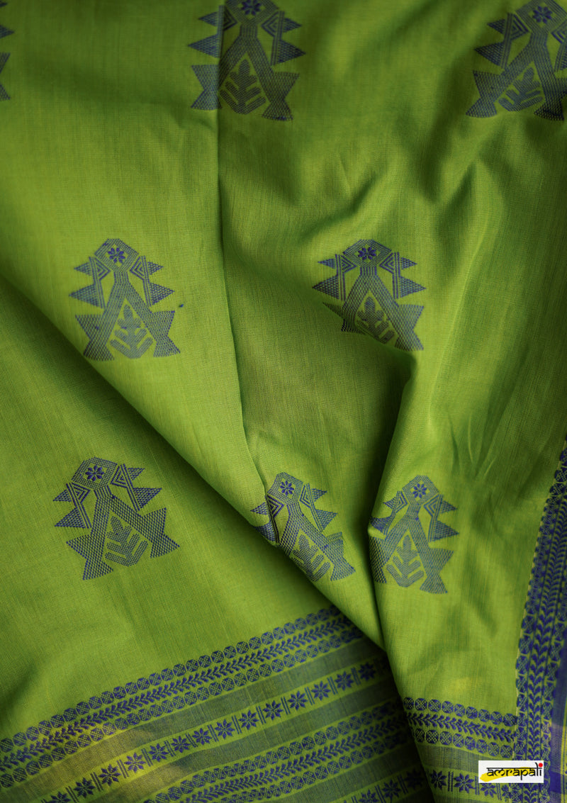 Handwoven Pure Mercerised Cotton with Manipuri Pattern Threadwork - Parakeet green