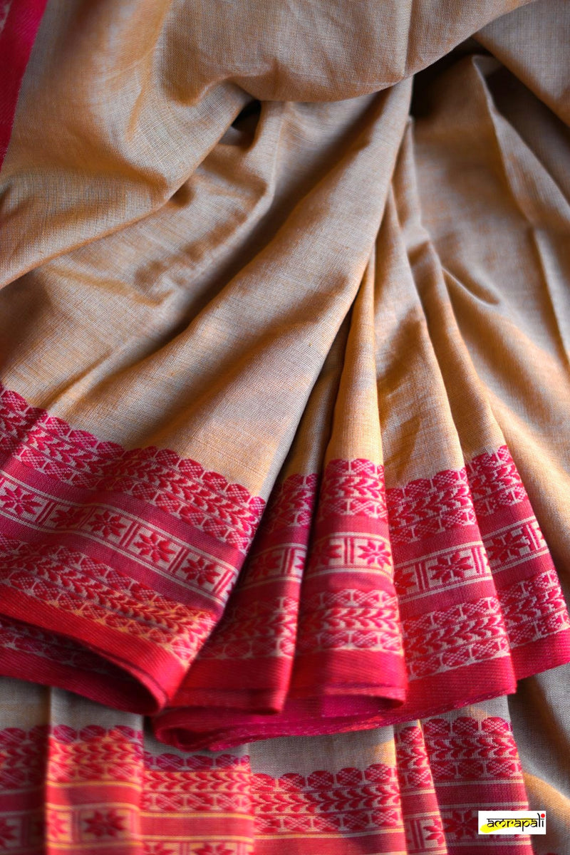 Handwoven Pure Mercerised Cotton with Manipuri Pattern Threadwork - Beige