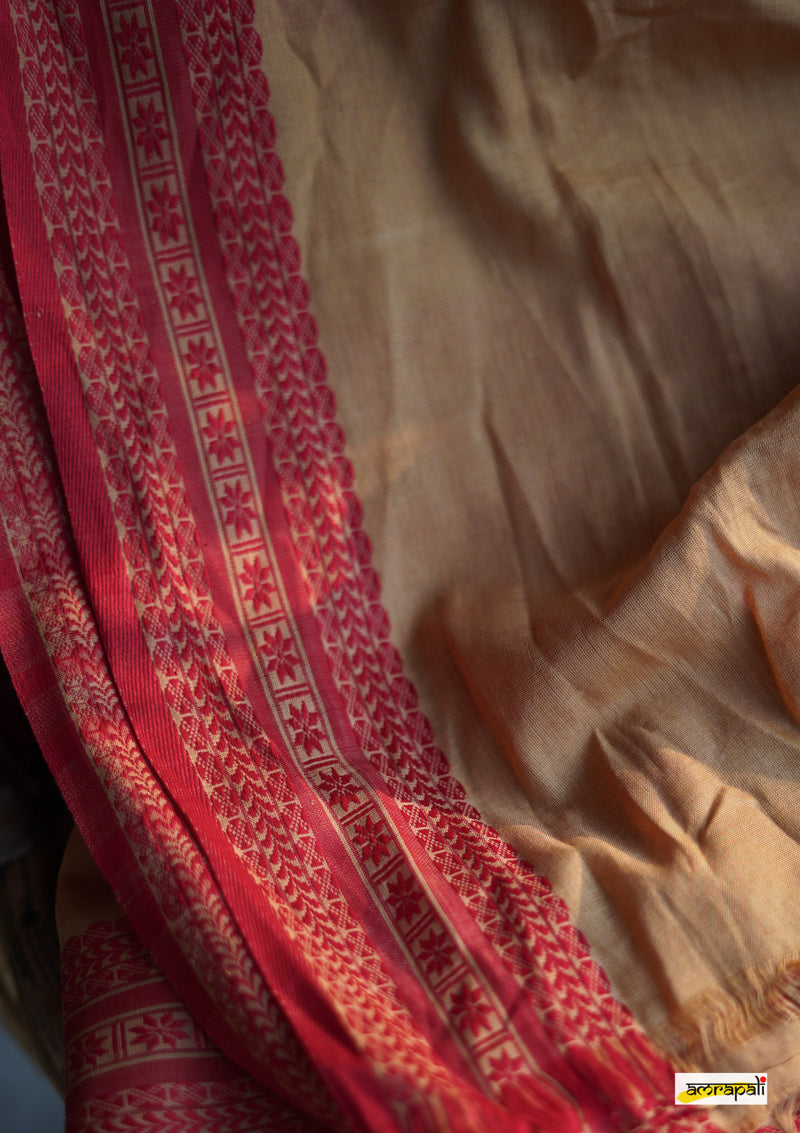 Handwoven Pure Mercerised Cotton with Manipuri Pattern Threadwork - Beige