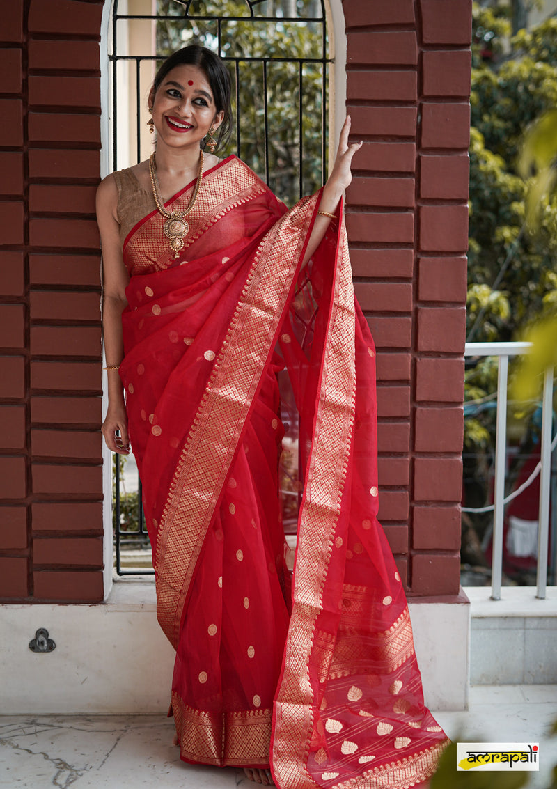 Red Handloom Pure Chanderi Katan Silk