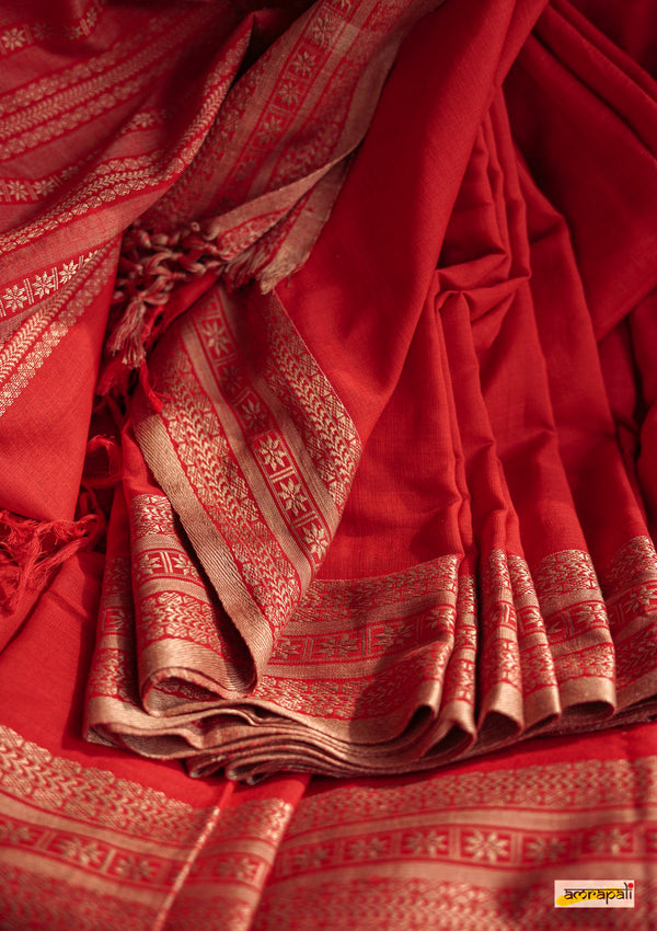 Handwoven Pure Mercerised Cotton with Manipuri Pattern Threadwork - Red