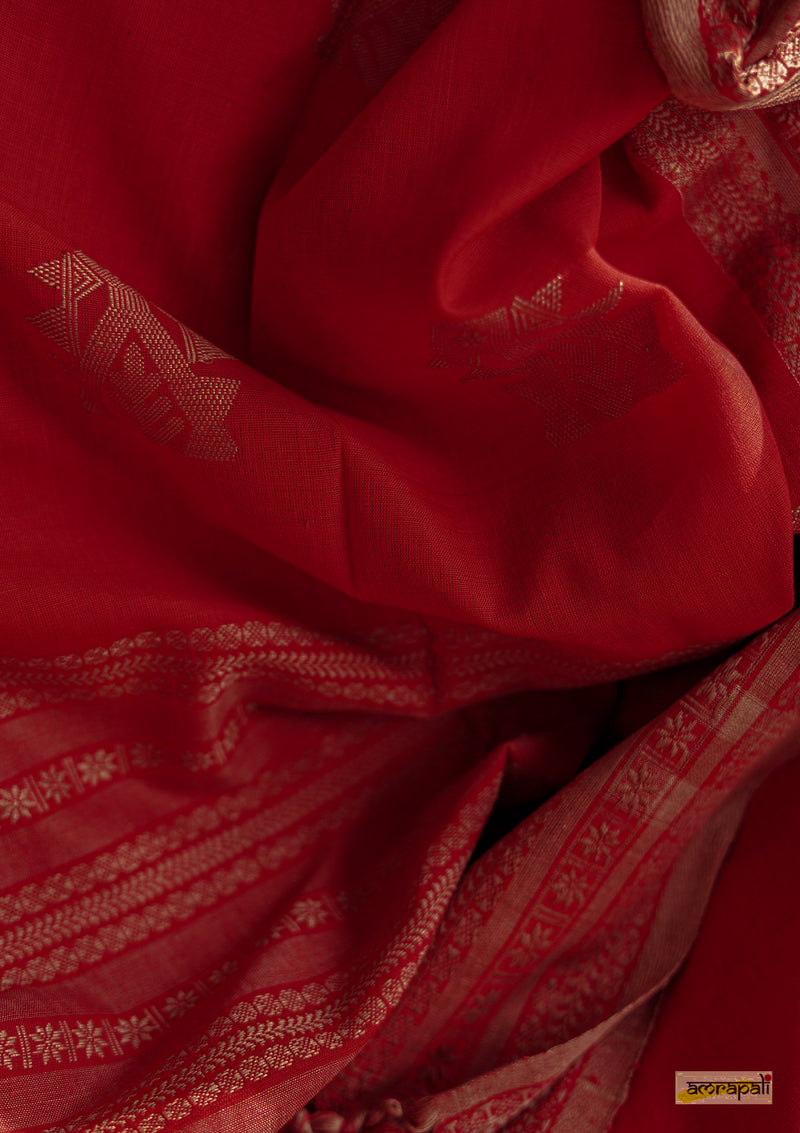 Handwoven Pure Mercerised Cotton with Manipuri Pattern Threadwork - Red